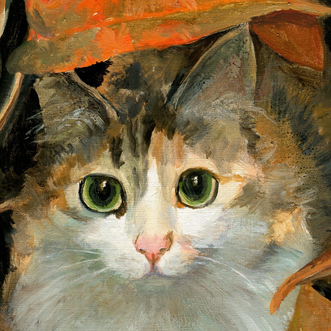 Calico Cat with Green Eyes Hiding among Autumn Leaves Poster - Image 5
