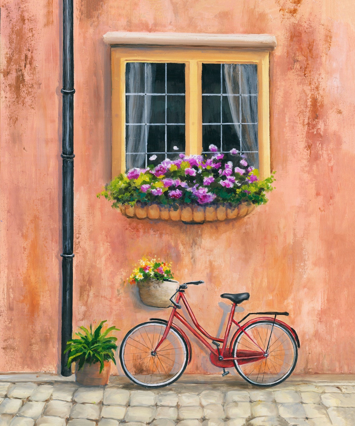 Red Vintage Bicycle with a Flower Basket by a Terracotta Wall Poster
