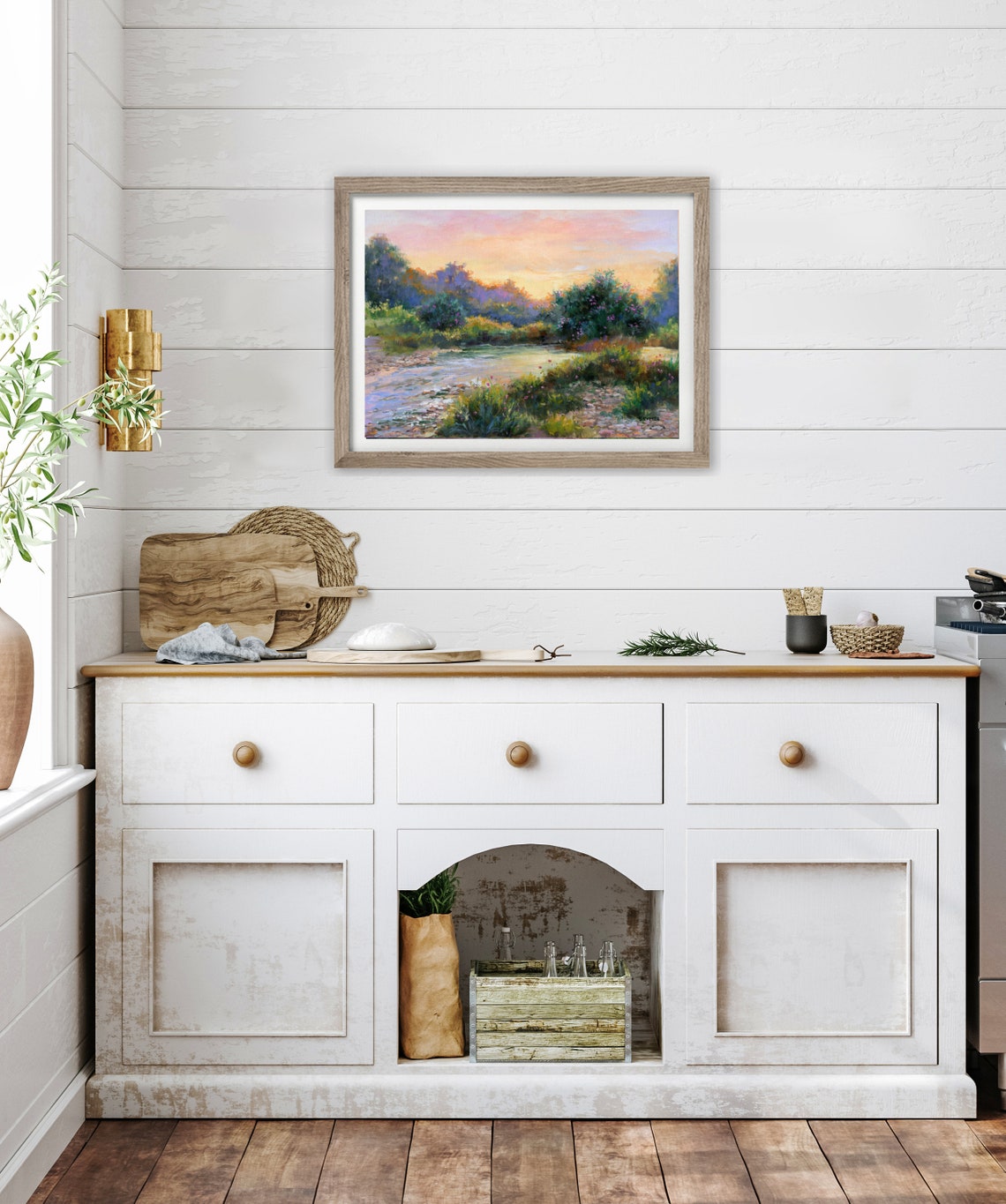 River Sunset Wildflower Landscape Oil Painting With Pink Sky Poster - Image 4