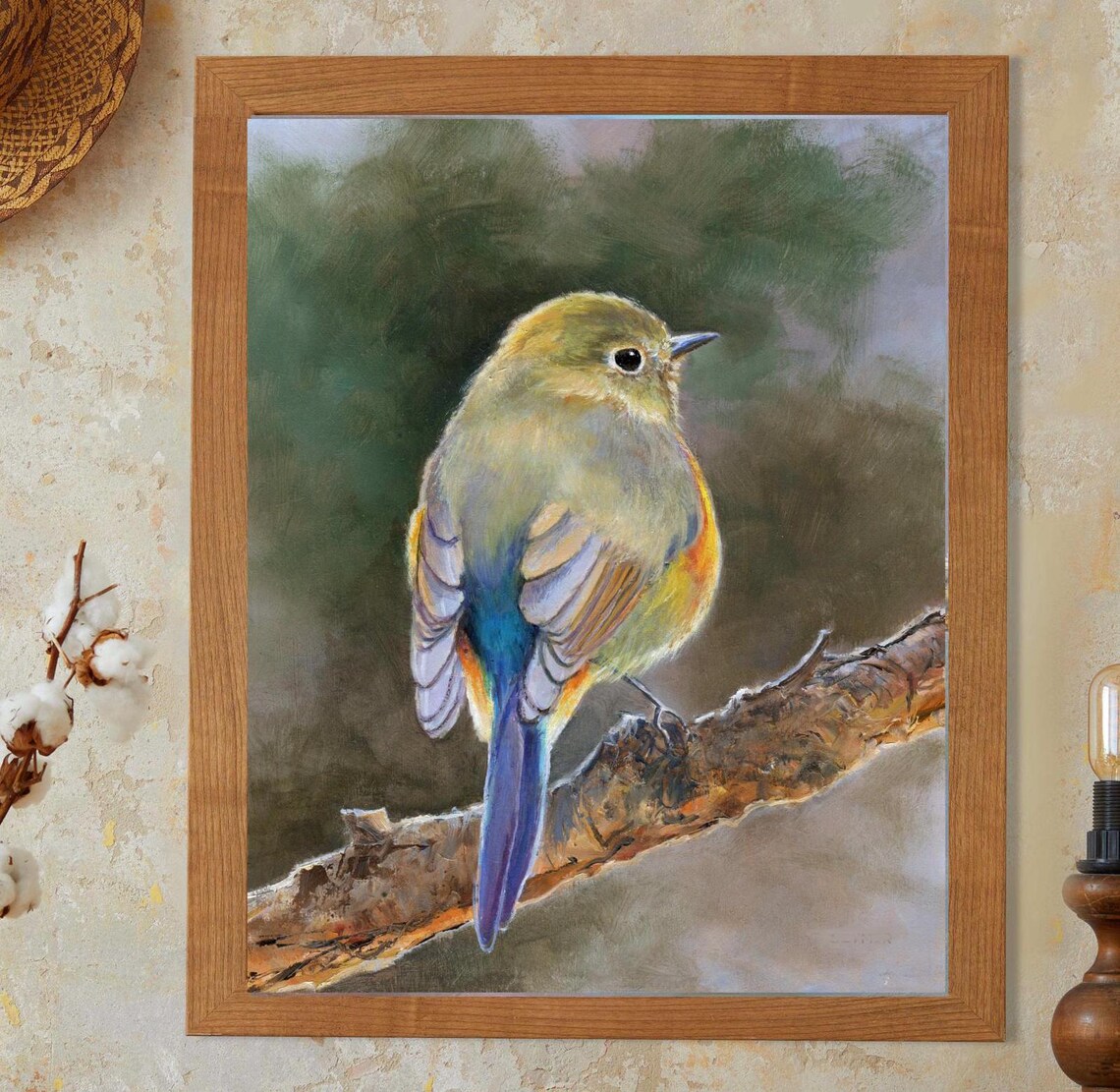Colorful Songbird Perched on a Branch Oil Painting Bird Poster