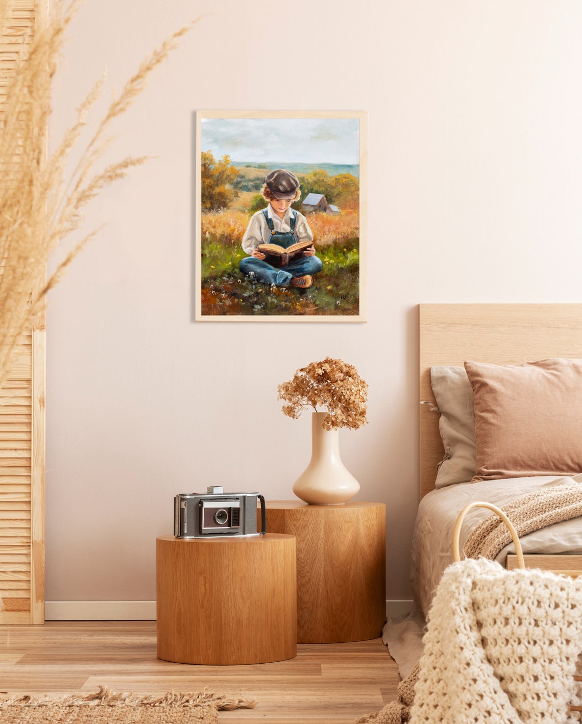 Boy Reading a Book in an Autumn Meadow with Farmhouse View Poster - Image 2