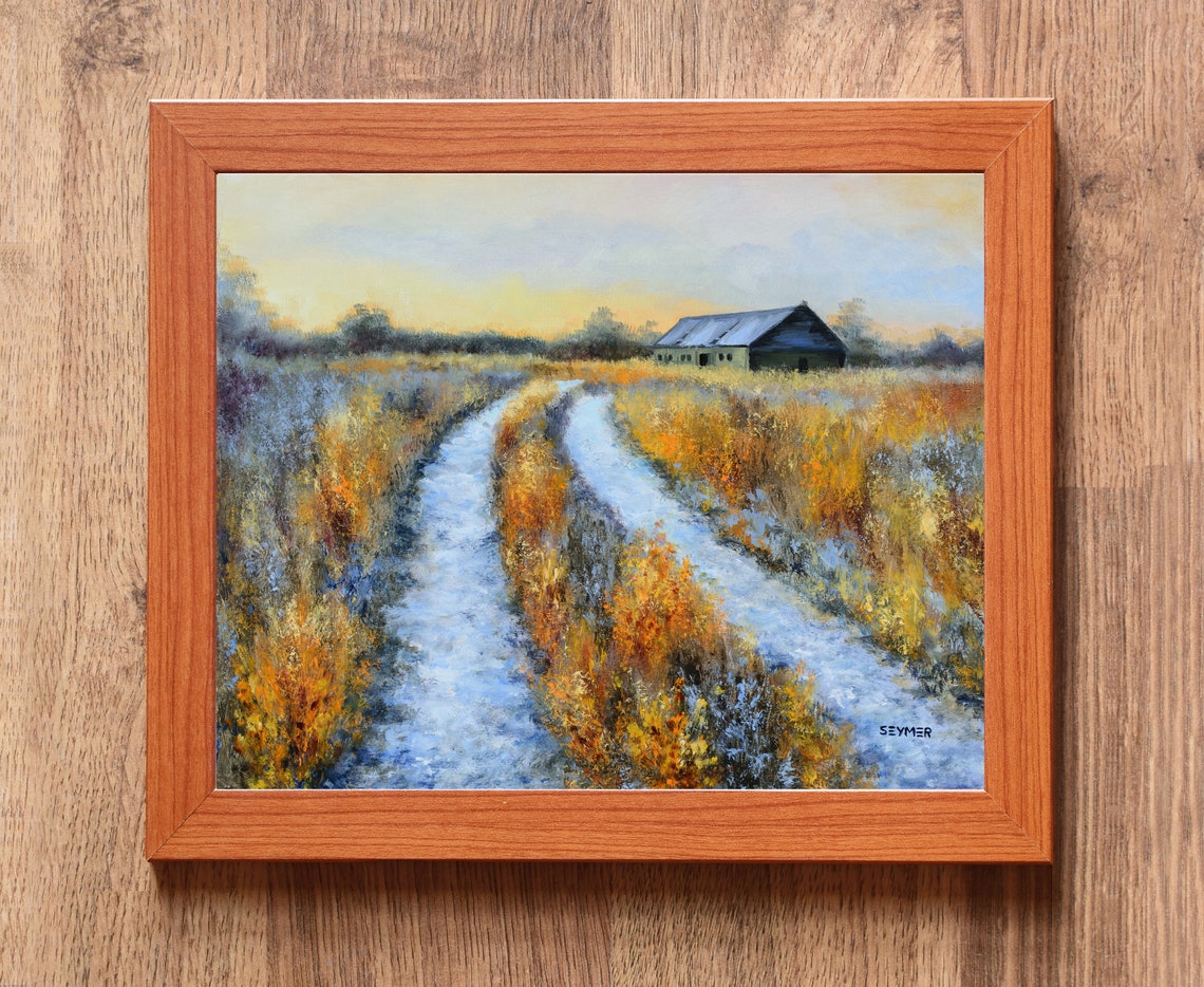 Snowy Farm Road Winter Landscape Oil Painting With Old Barn Poster