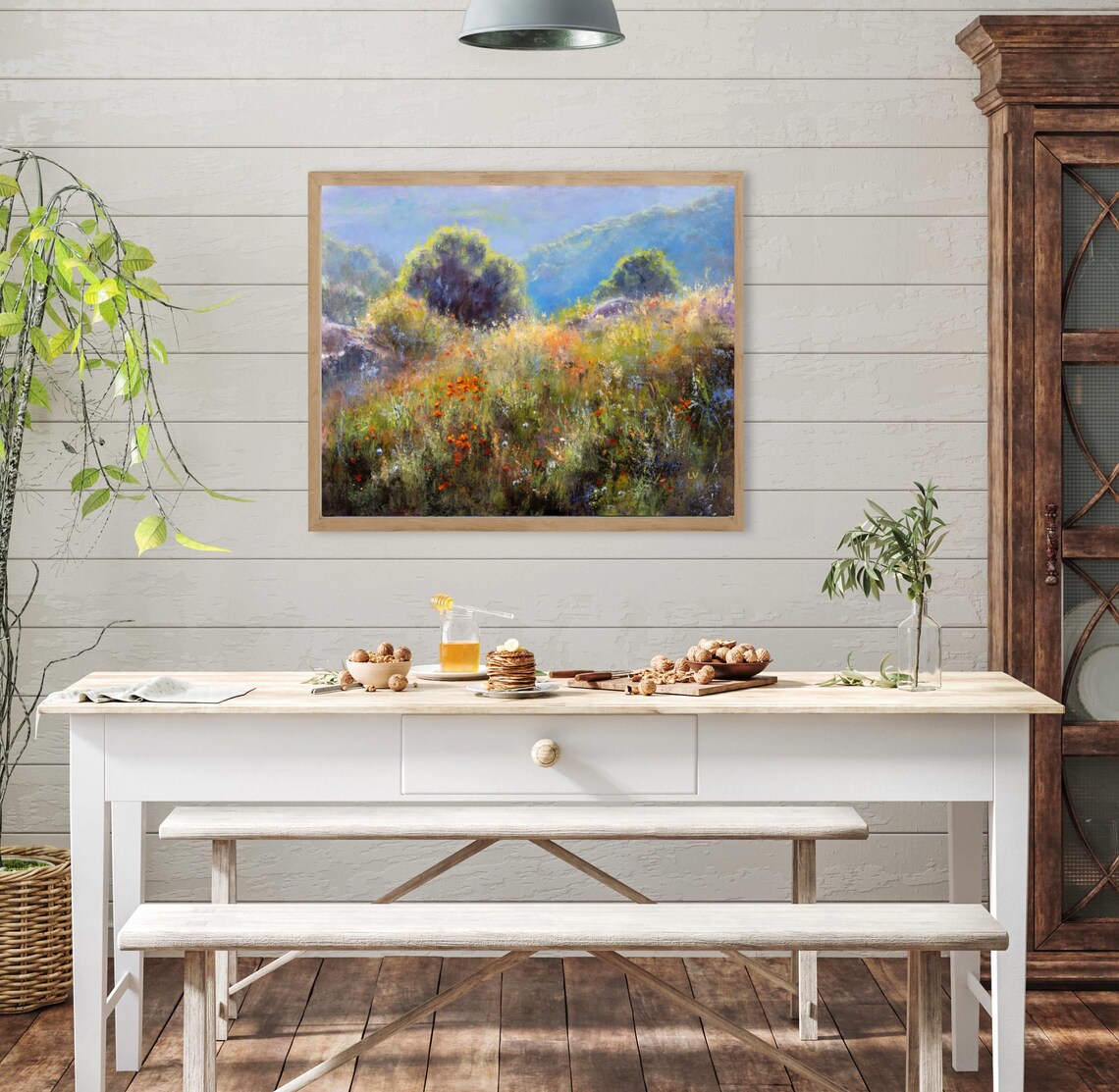 Wildflower Meadow Below Blue Mountains Oil Painting Nature Poster - Image 3