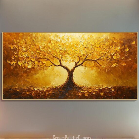 Golden Tree Of Life Oil Painting 3d Vibrant Yellow Textured Abstract Art Nature Wall Art Elegant Landscape Painting Living Room Decor