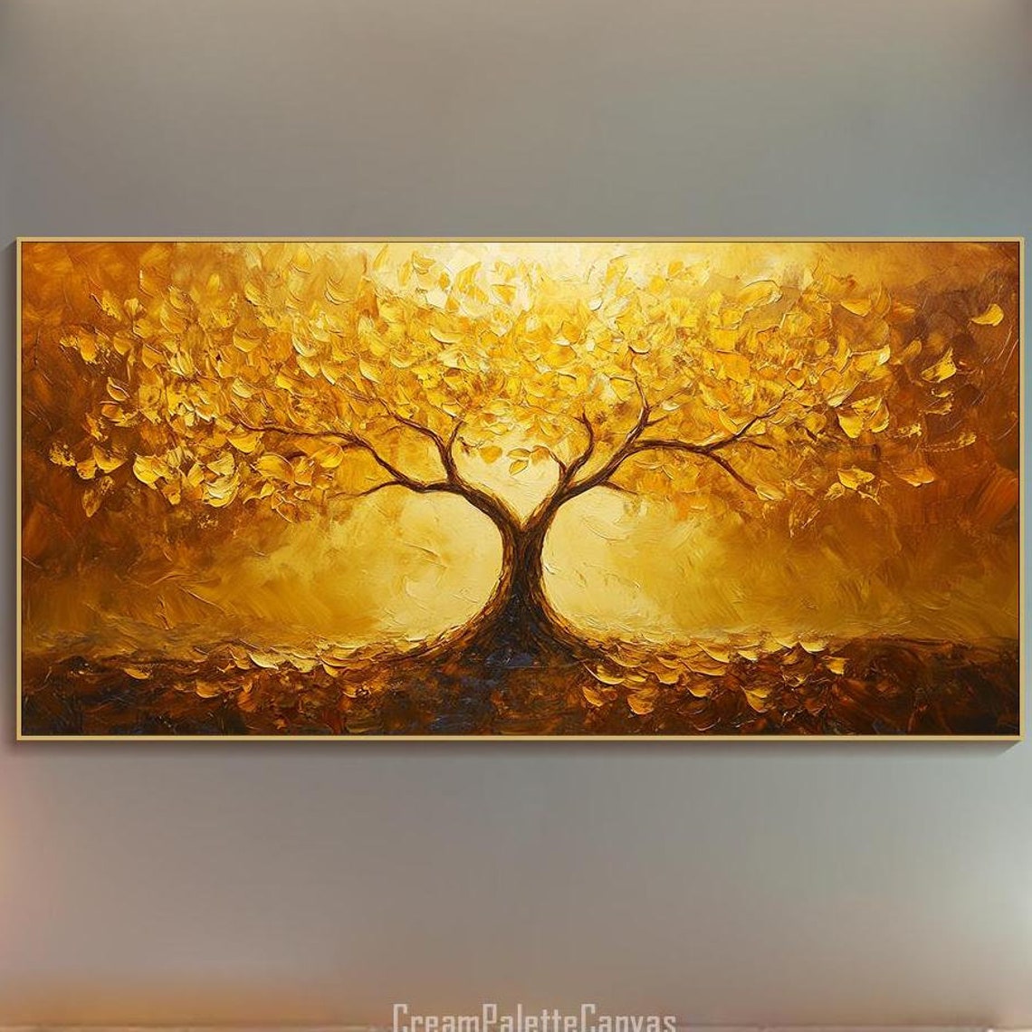 Golden Tree Of Life Oil Painting 3d Vibrant Yellow Textured Abstract Art Nature Wall Art Elegant Landscape Painting Living Room Decor