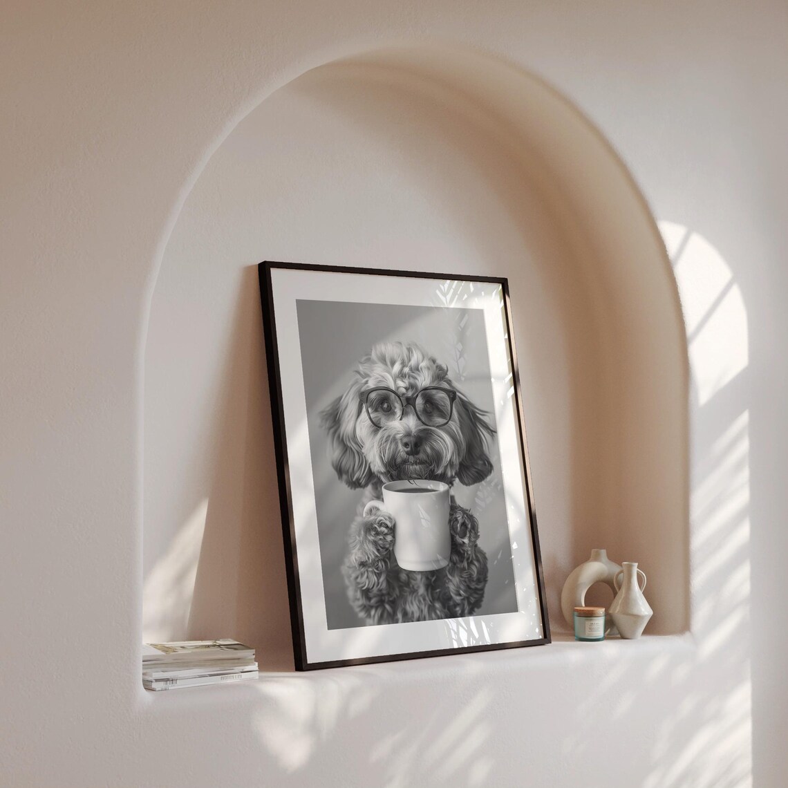 Cavapoo And Coffee Black-And-White Art Print - Image 4