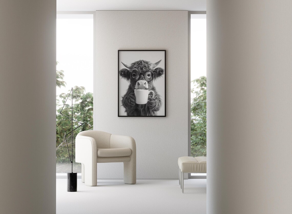 Highland Cow Drinking Coffee, Black and White Art Print - Image 3