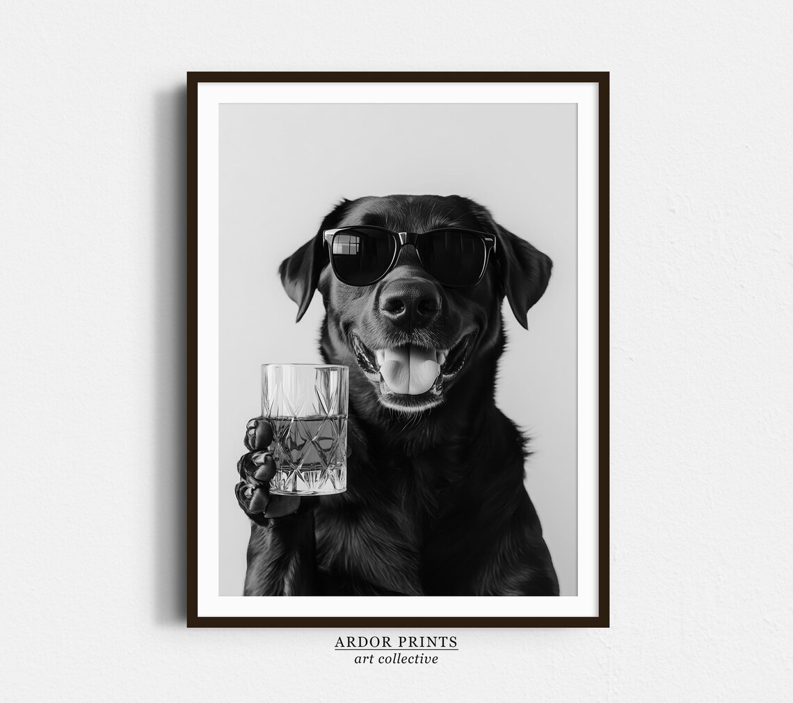 Black Labrador Drinking Whiskey, Funny Dog Art Print