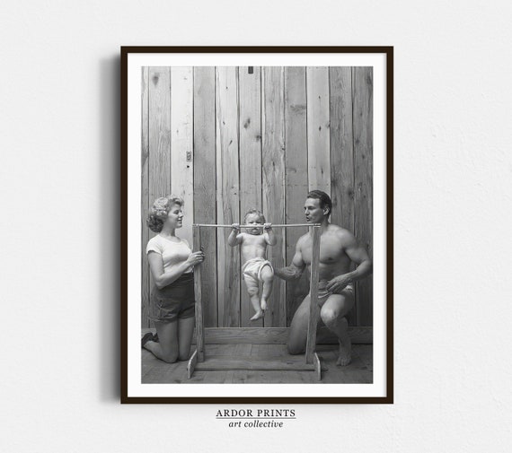 Baby Doing Pullups Poster, Vintage Gym Decor