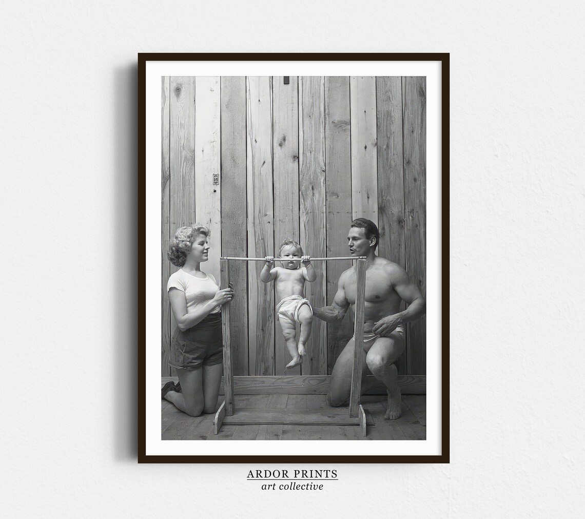 Baby Doing Pullups Poster, Vintage Gym Decor