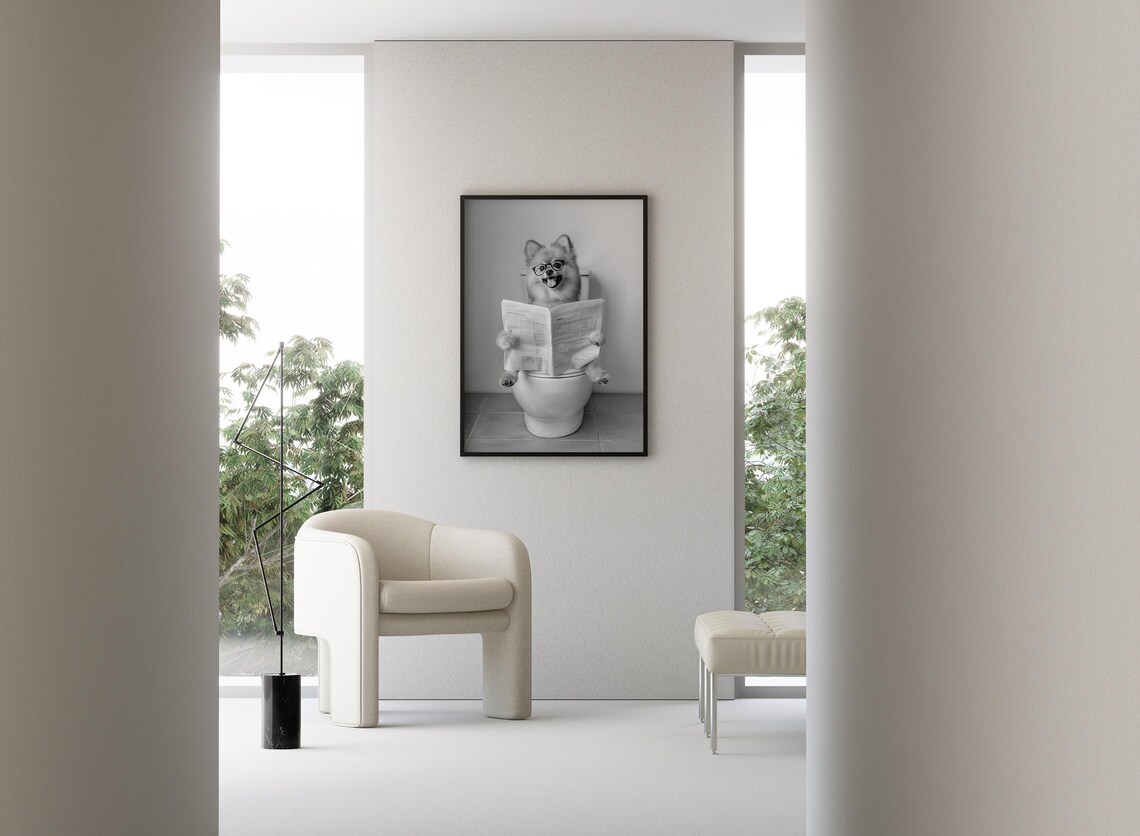 Pomeranian Reading Newspaper In Toilet Print Black And White Art Dog Gift Funny Dog Poster Dog Sitting On Toilet Bathroom Wall Art - Image 3