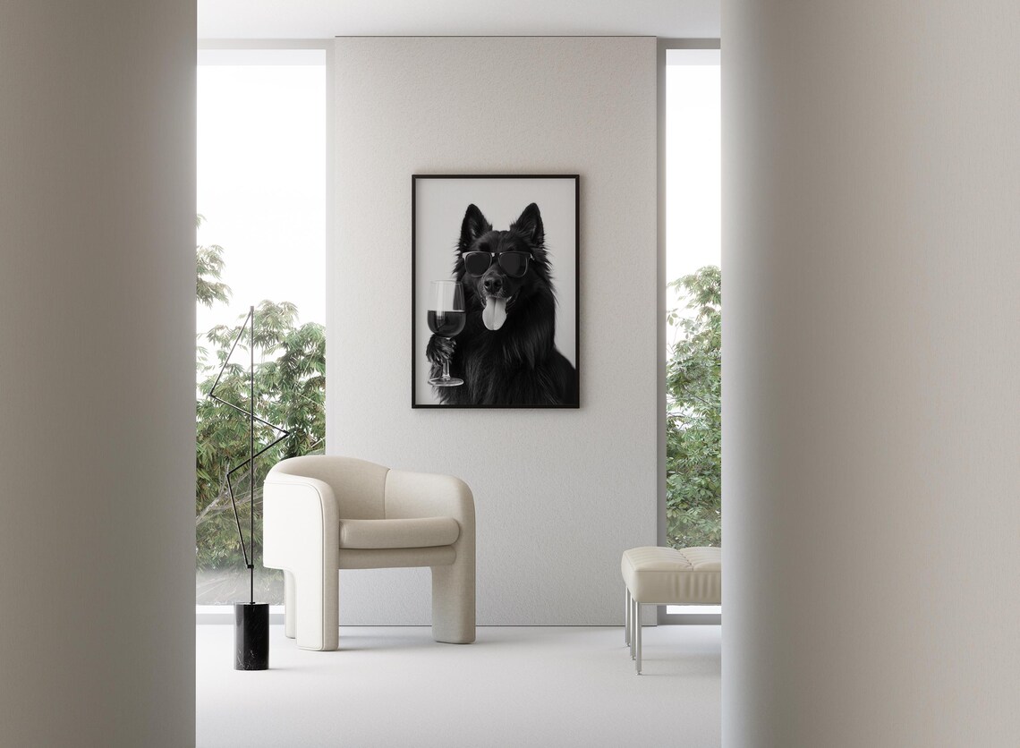 Belgian Sheepdog Drinking Wine, Black And White Art Print - Image 3