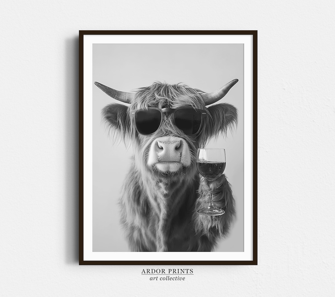 Highland Cow Drinking Wine Art Print, Black And White