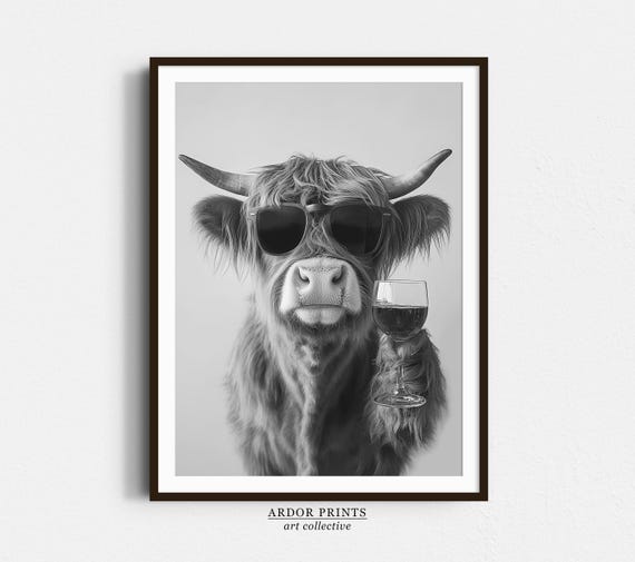 Highland Cow Drinking Wine Art Print, Black And White