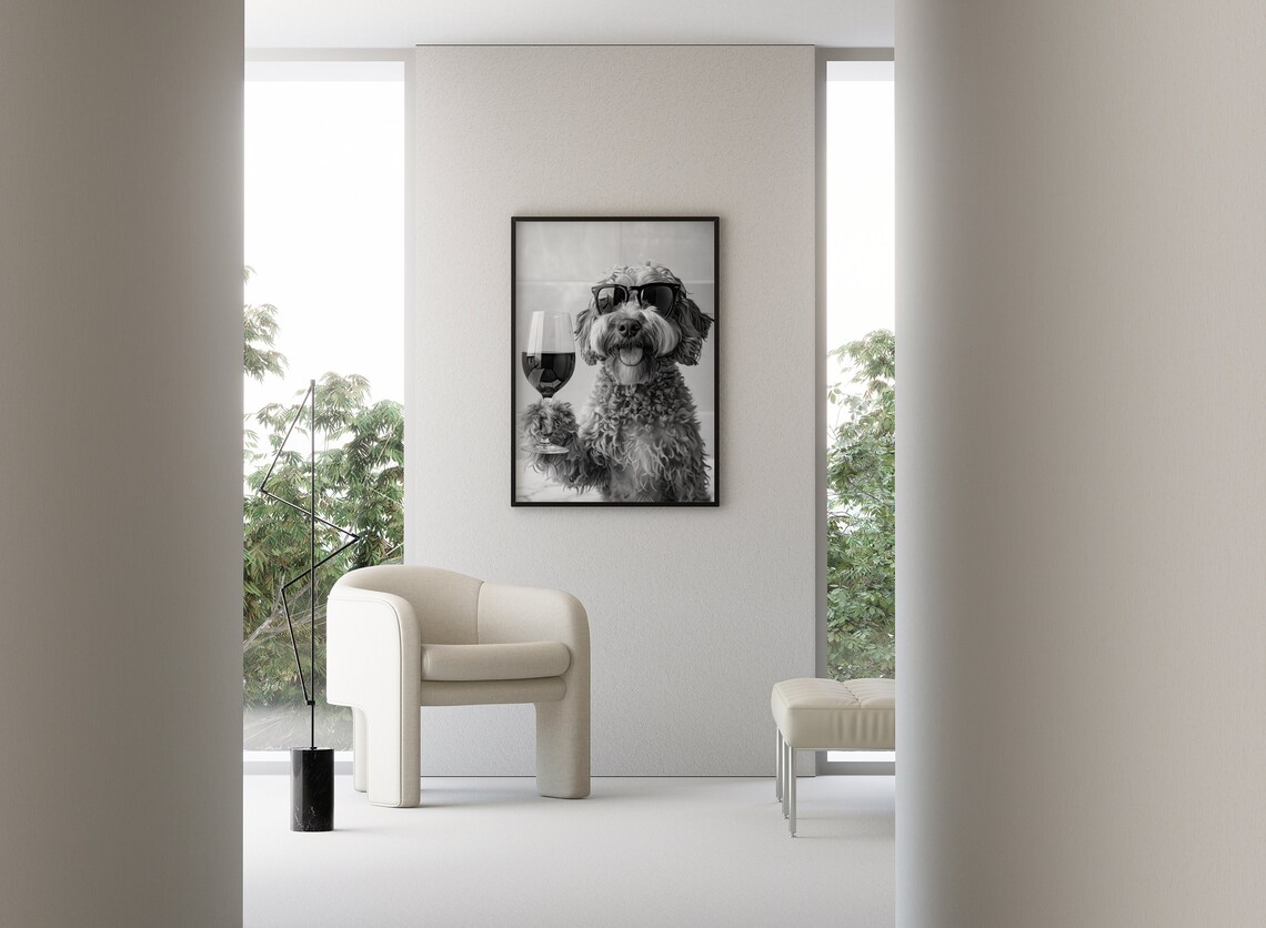 Cockapoo Drinking Wine, Black And White Poster - Image 3