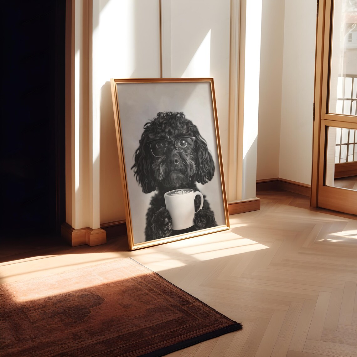 Black Cockapoo And Coffee Art Print, Black And White - Image 2