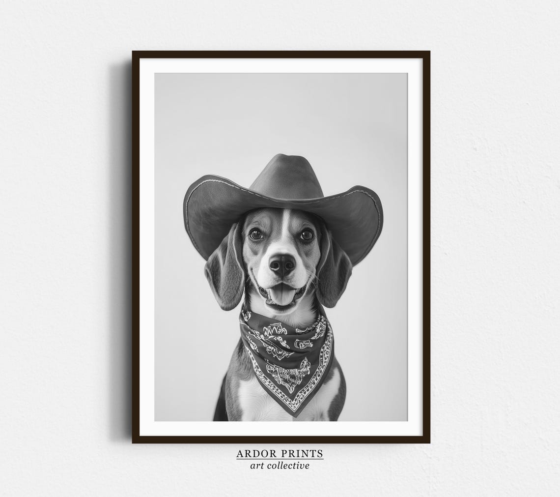 Beagle Cowgirl Hat Print Western Art Black And White Wall Art Dog Gift Western Dog Art Vintage Dog Poster Trendy Cowboy Decor