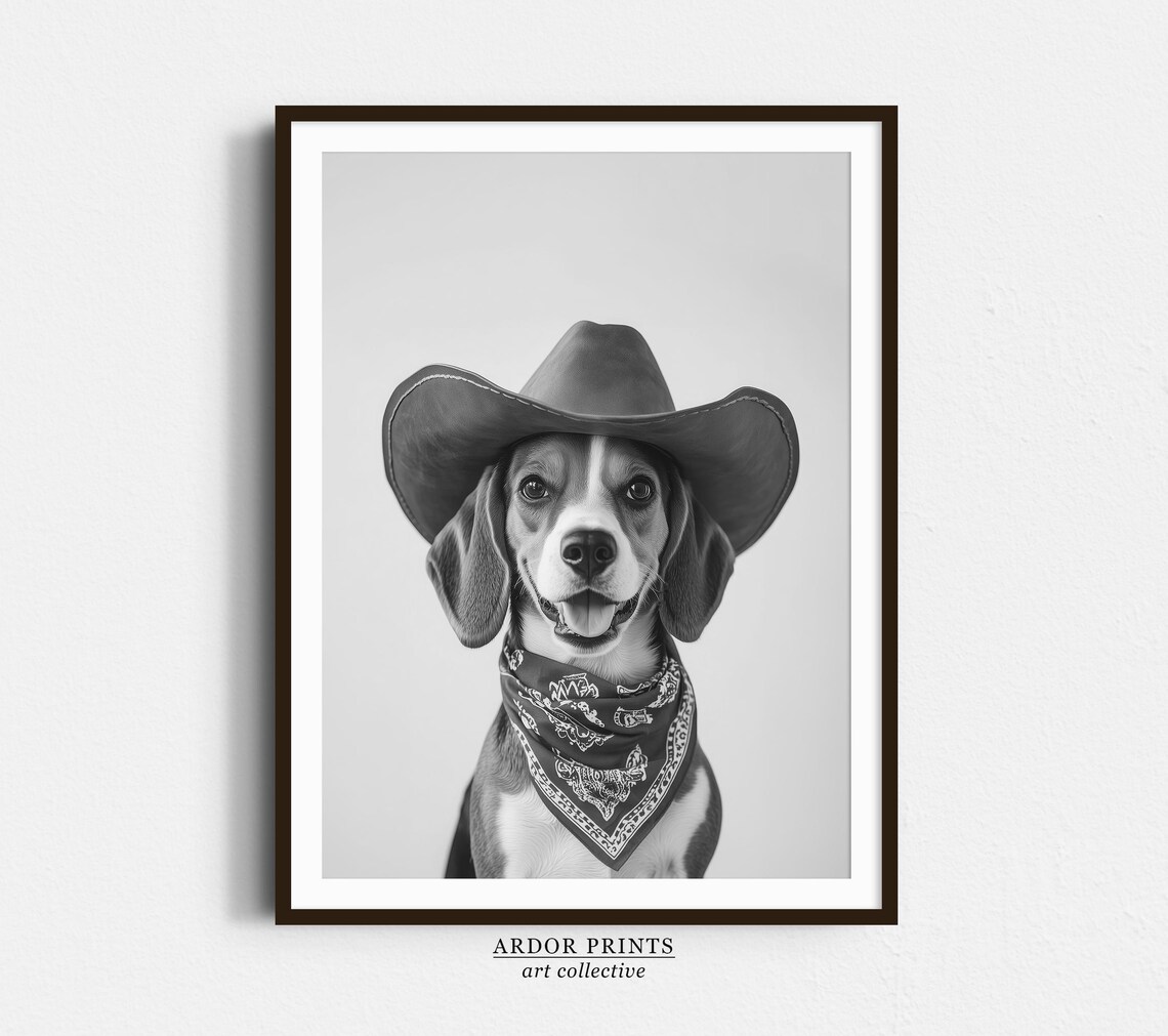 Beagle Wearing Cowboy Hat and Bandana Black and White Western Poster
