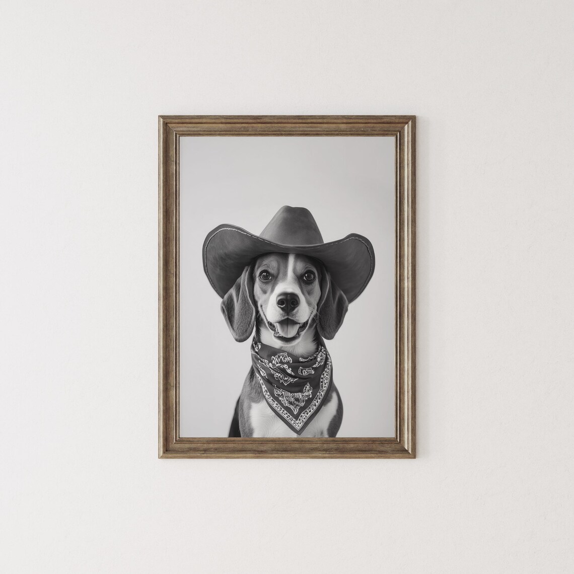 Beagle Wearing Cowboy Hat and Bandana Black and White Western Poster - Image 2