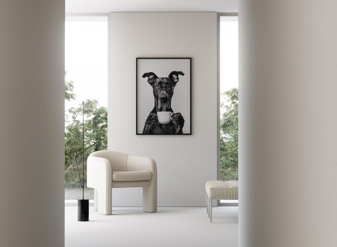 Great Dane With Glasses Holding Coffee Black and White Poster - Image 3