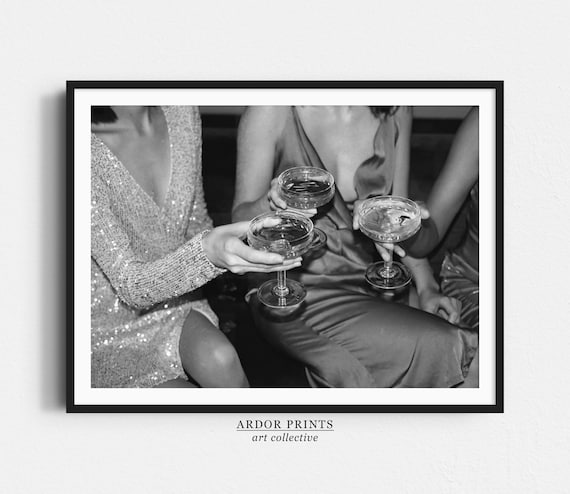 Women Toasting Champagne Cocktail Glasses Black and White Photo Poster