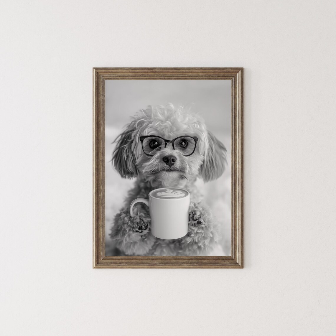 Maltipoo Drinking Coffee Black And White Art Print - Image 2