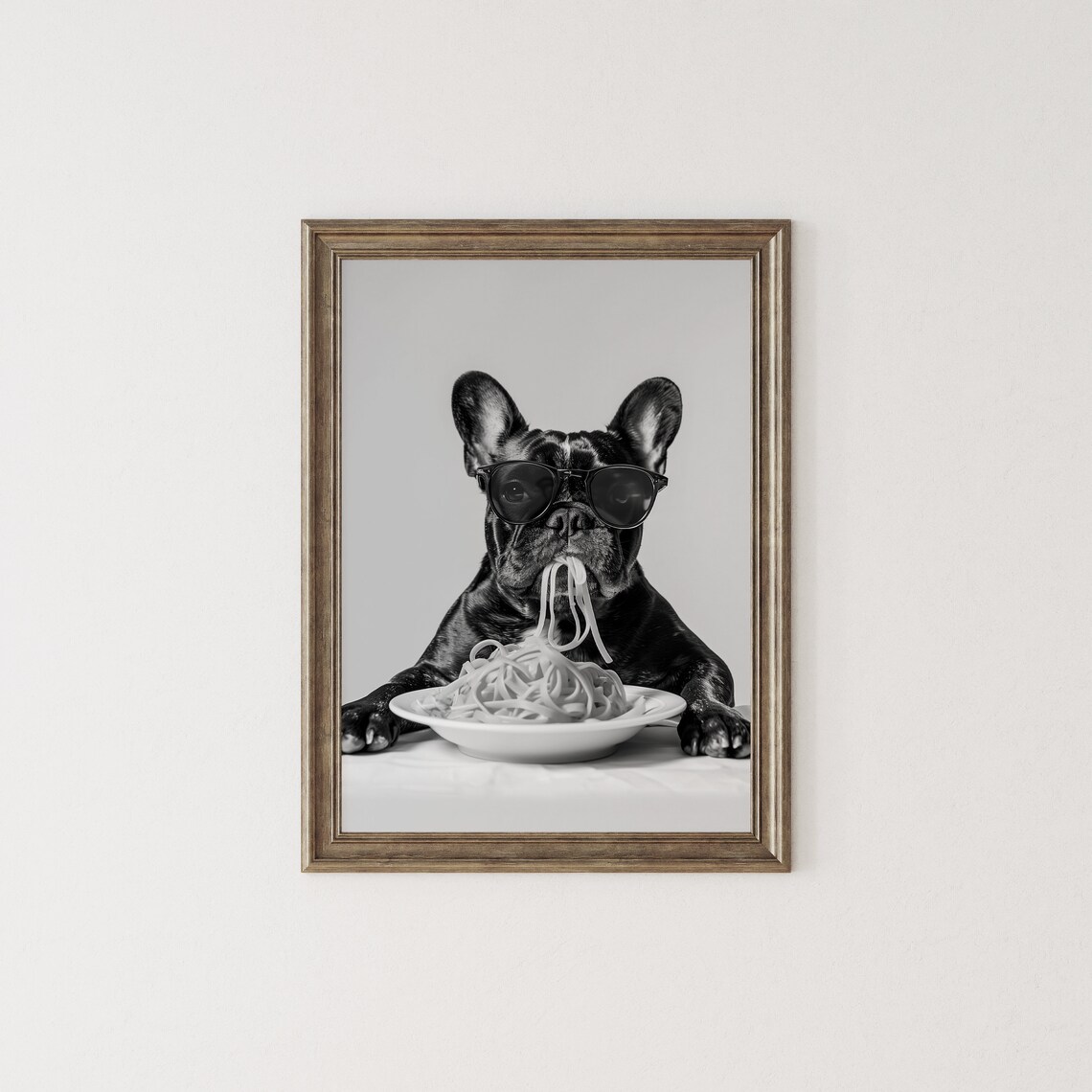 Frenchie Eating Pasta, Black and White Dog Art Print - Image 3