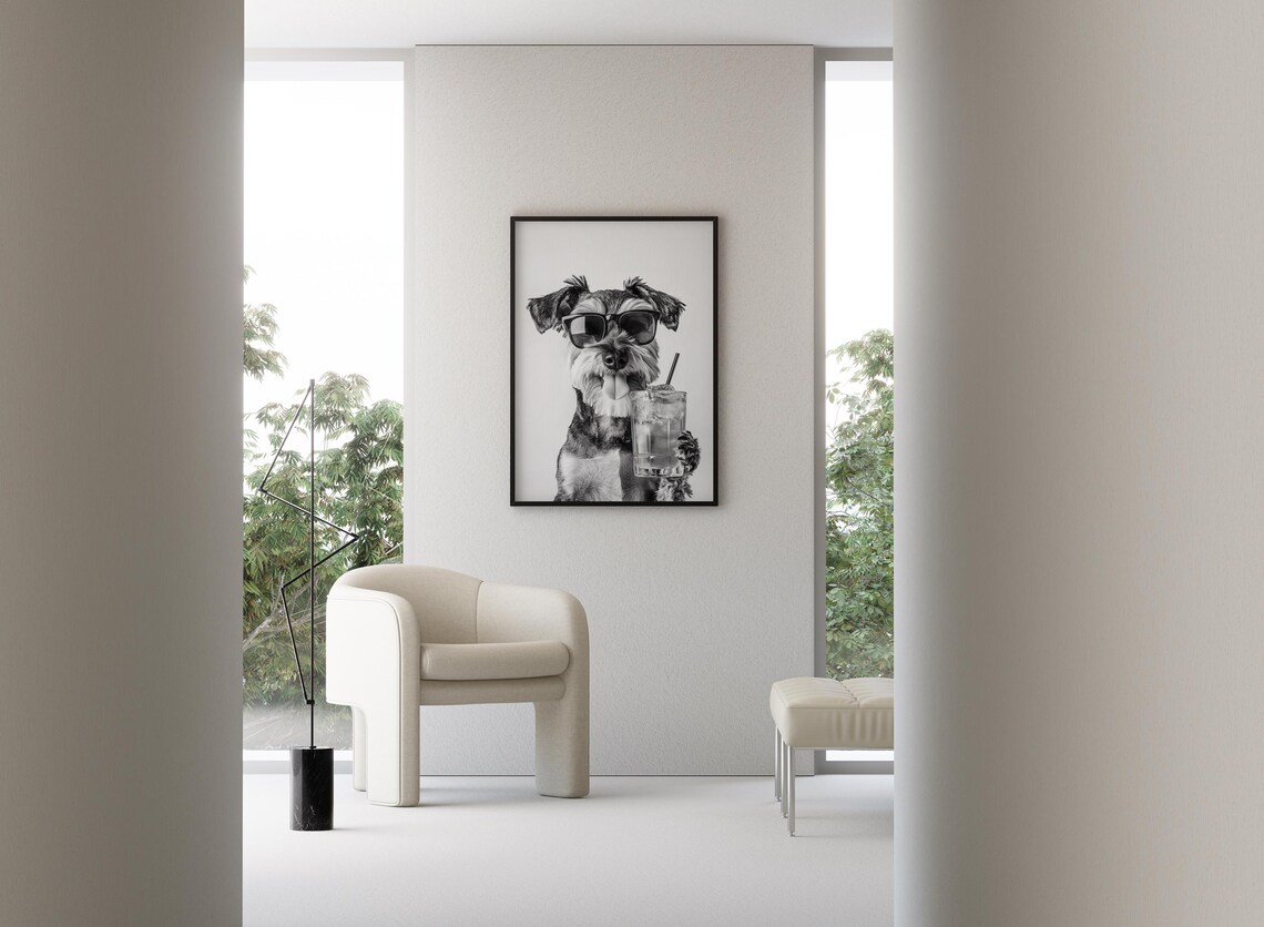 Mini Schnauzer Holding Cocktail Poster, Black And White - Image 3
