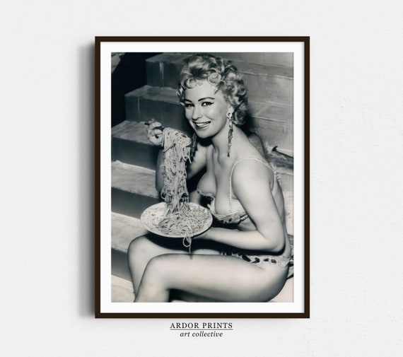 Woman in Bikini Eating Spaghetti With Chopsticks Vintage Photo Poster