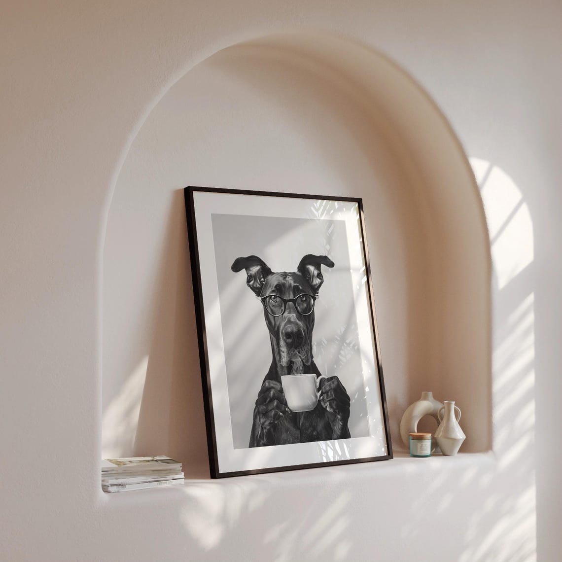 Great Dane With Glasses Holding Coffee Black and White Poster - Image 4