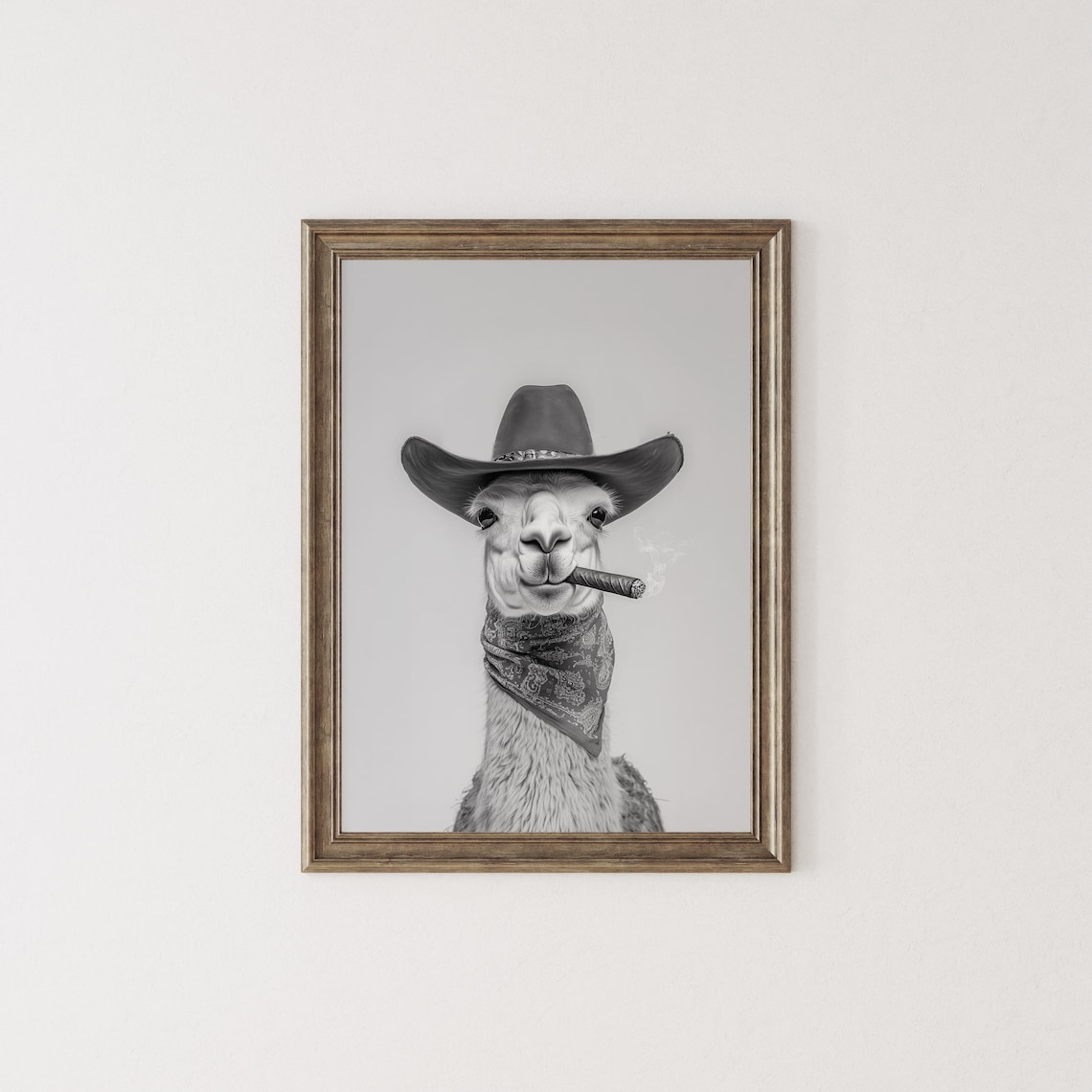 Llama Wearing Cowboy Hat and Bandana Smoking Cigar Black White Poster - Image 2