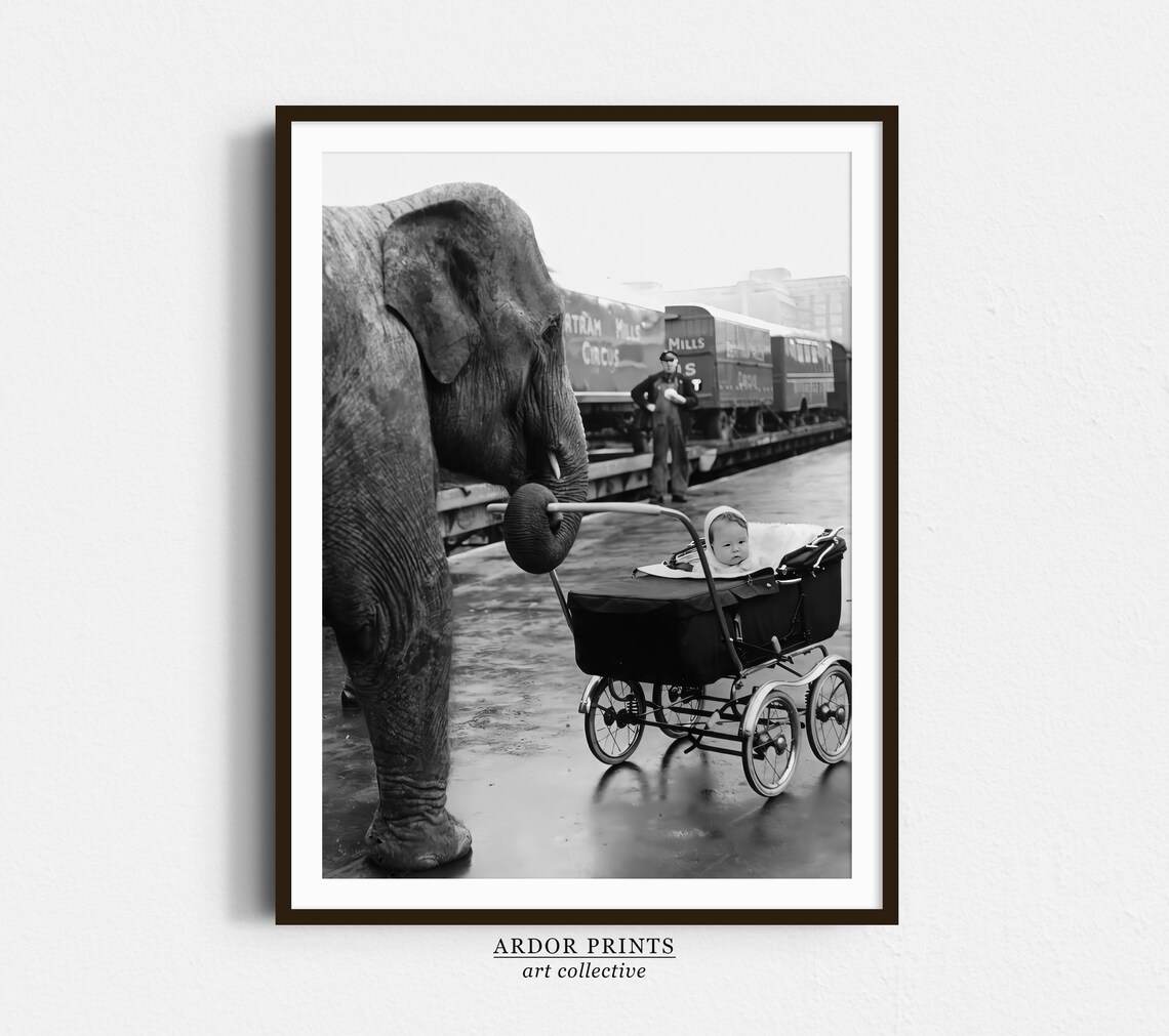 Elephant Pushing Baby Carriage Vintage Circus Train Black And White Photo Poster
