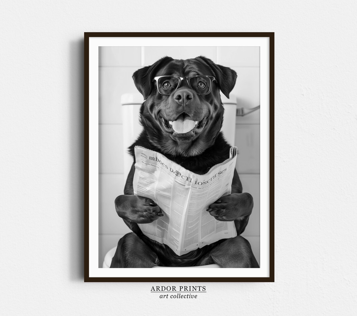 Rottweiler Bathroom Dog Poster, Black And White Print