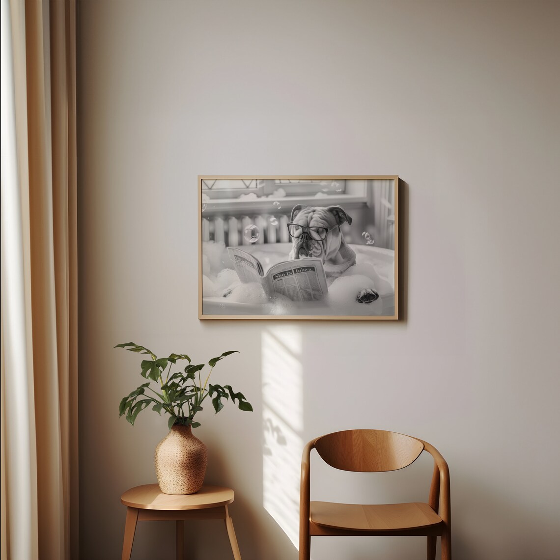 English Bulldog Reading Newspaper in Bubble Bath Funny Poster - Image 2