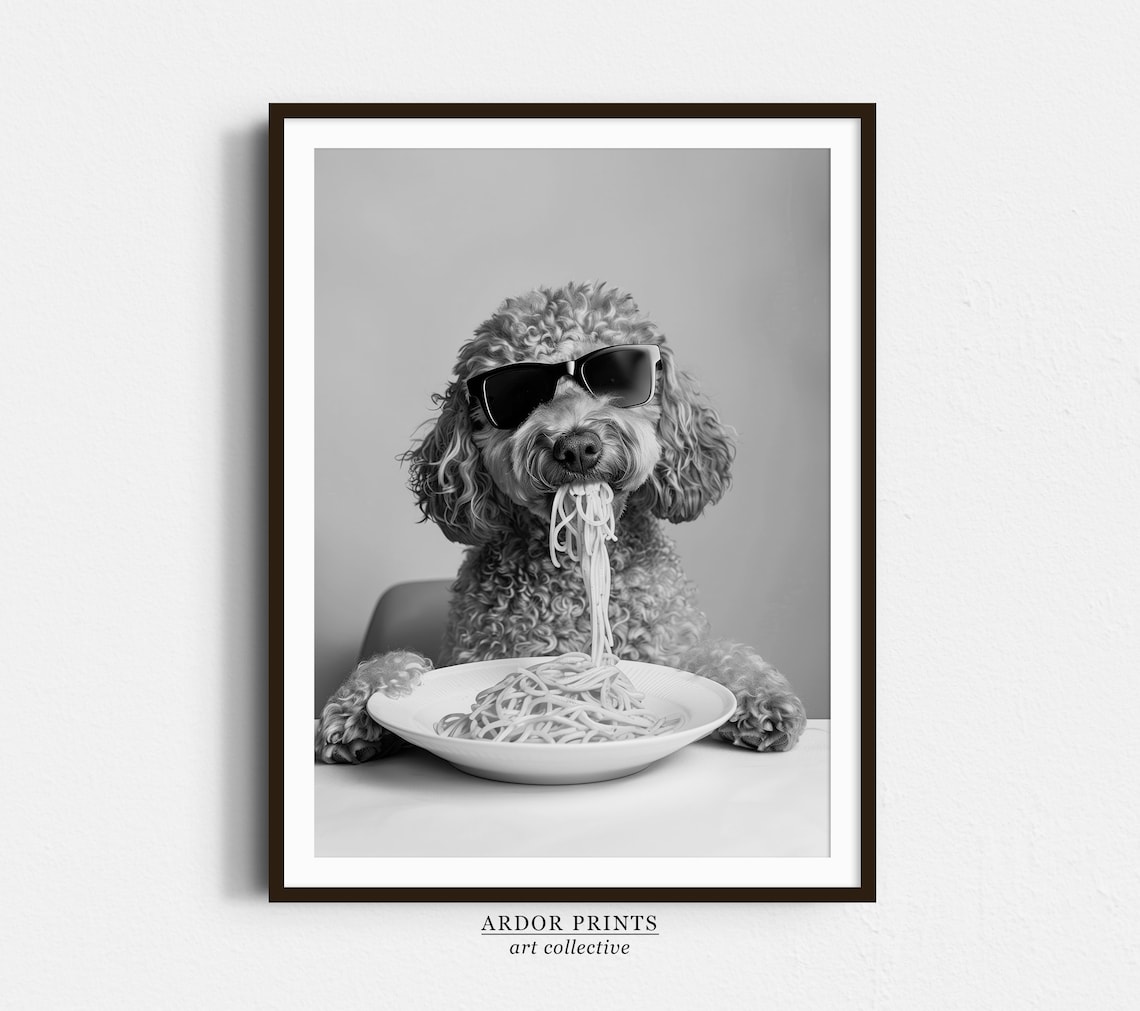 Labradoodle Eating Pasta Art Print, Funny Dog Kitchen Decor