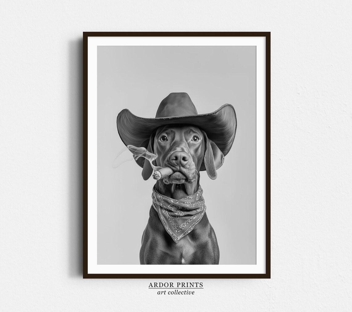 Vizsla Cowboy Western Dog Art Print, Vintage Retro