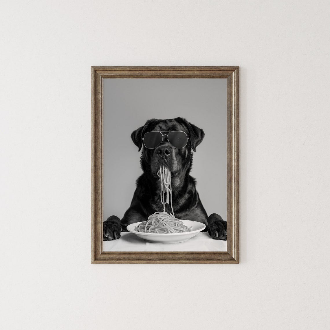 Rottweiler Wearing Sunglasses Eating Spaghetti Black and White Poster - Image 3