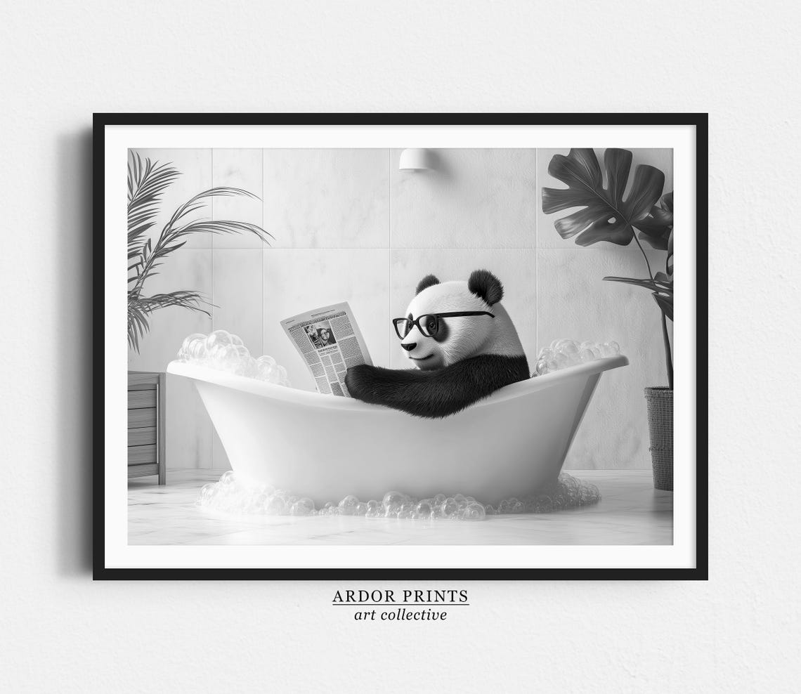 Panda Reading Newspaper In Bubble Bath Black White Funny Animal Poster
