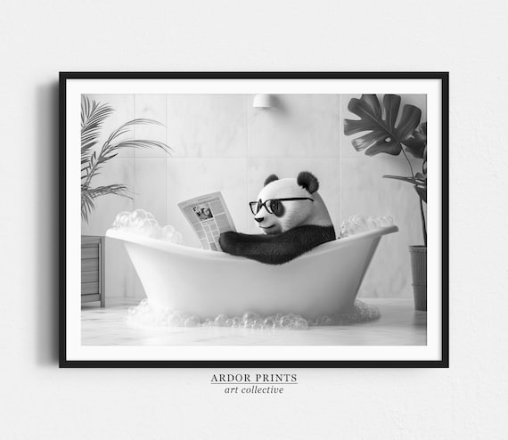 Panda Reading Newspaper In Bubble Bath Black White Funny Animal Poster