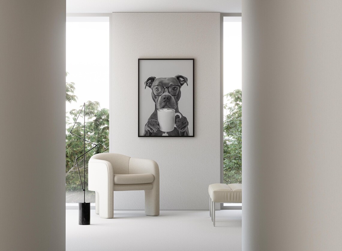 Staffy Bull Terrier Drinking Coffee, Funny Dog Print - Image 3