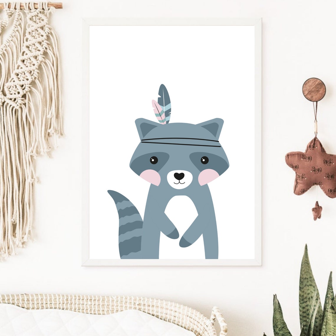 Cute Cartoon Raccoon With Feather Headband Nursery Decor Poster - Image 6