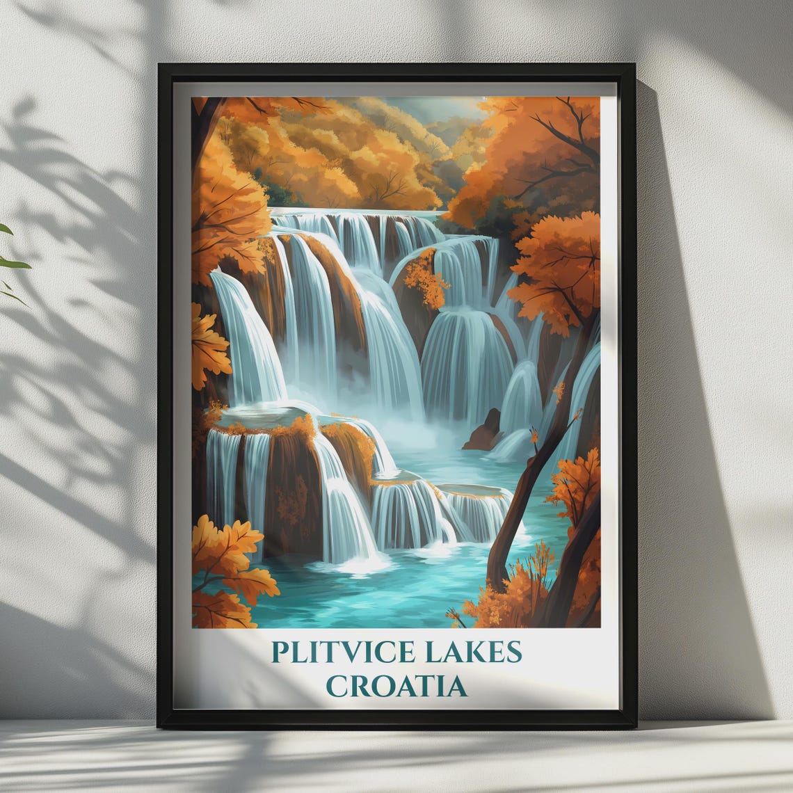 Plitvice Lakes Croatia Travel Poster Autumn Waterfalls Turquoise Wall