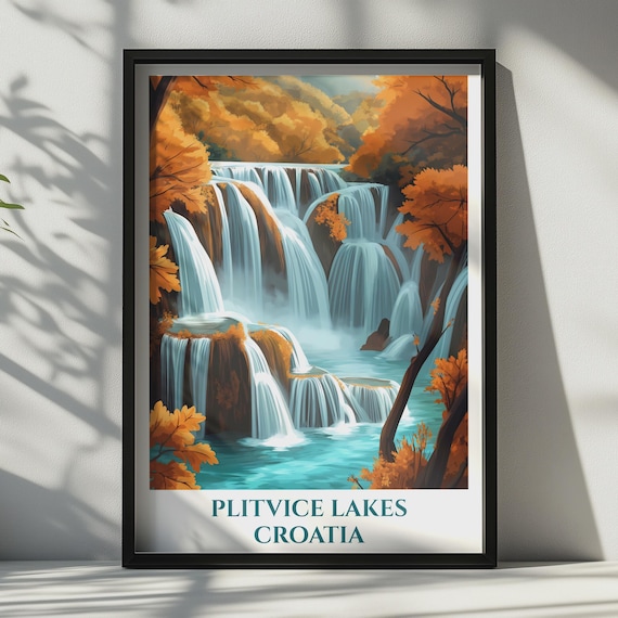 Plitvice Lakes Croatia Travel Poster Autumn Waterfalls Turquoise Wall