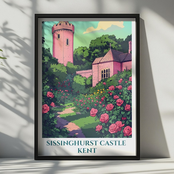 Sissinghurst Castle Kent Travel Poster Rose Garden Tower Art