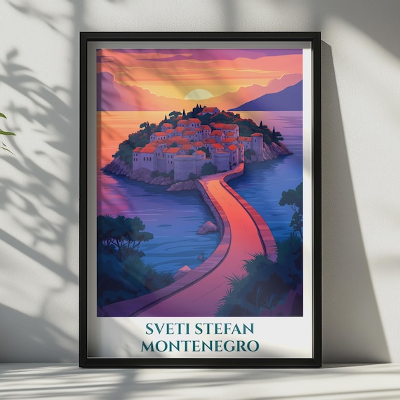 Sveti Stefan Montenegro Travel Poster Adriatic Sunset Wall Art Print