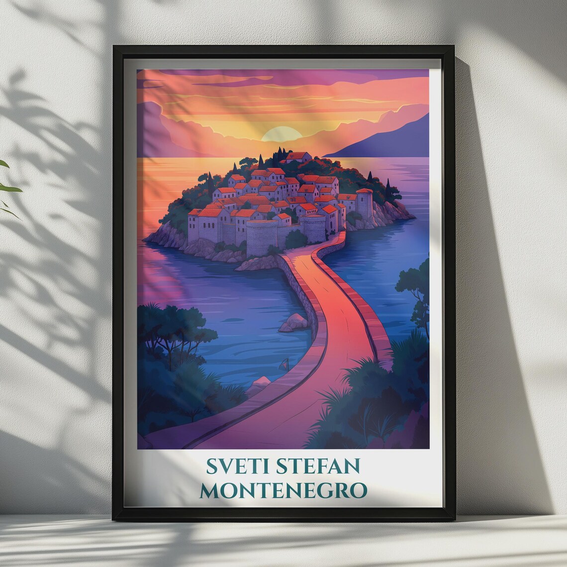Sveti Stefan Montenegro Travel Poster Adriatic Sunset Island Coast