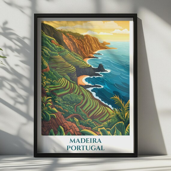 Madeira Portugal Travel Poster Retro Coastal Cliff Wall Art Vintage Island Print