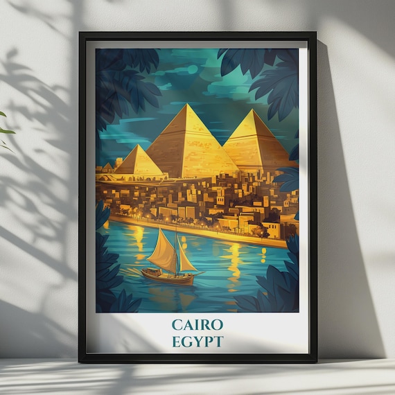 Cairo Egypt Giza Pyramids Golden Night Nile River Travel Poster
