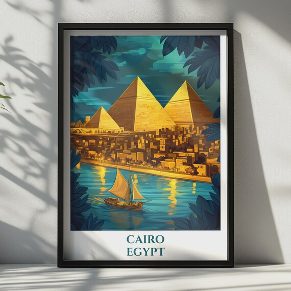 Cairo Egypt Travel Poster Pyramids Of Giza Wall Art Nile River Print Retro