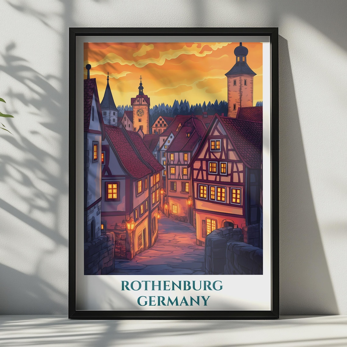 Rothenburg Germany Travel Poster Medieval Town Sunset Golden Sky Wall